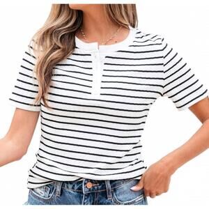NEW SHEWIN lena henley short sleeve tee in black and white stripe